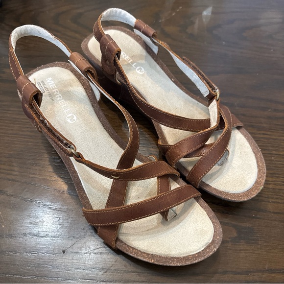 Merrell Womens 7.5 Revalli Aura Post Strappy Leather Wedge Heel Sandals Dark Tan - Picture 1 of 5